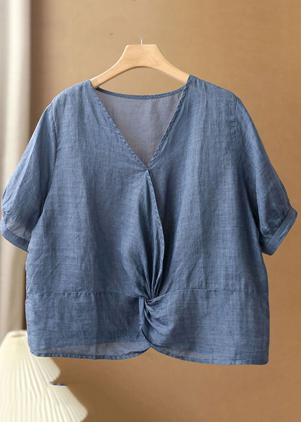 Women Denim Blue V Neck Asymmetrical Design Linen Blouses Short Sleeve