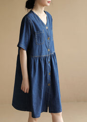 Women Denim Blue V Neck Pockets Cotton A Line Dress Short Sleeve