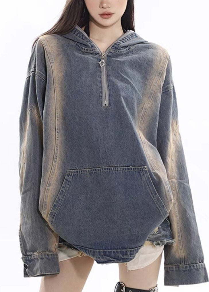 Women Denim Blue Zippered Patchwork Hoodie Coat Fall