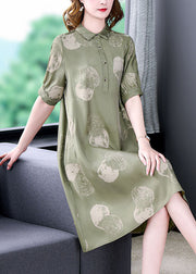 Women Dousha Green Peter Pan Collar Print Patchwork Silk Dresses Summer