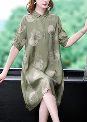 Women Dousha Green Peter Pan Collar Print Patchwork Silk Dresses Summer