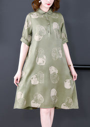 Women Dousha Green Peter Pan Collar Print Patchwork Silk Dresses Summer