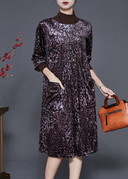 Women Dull Purple High Neck Print Silk Velour Dress Spring