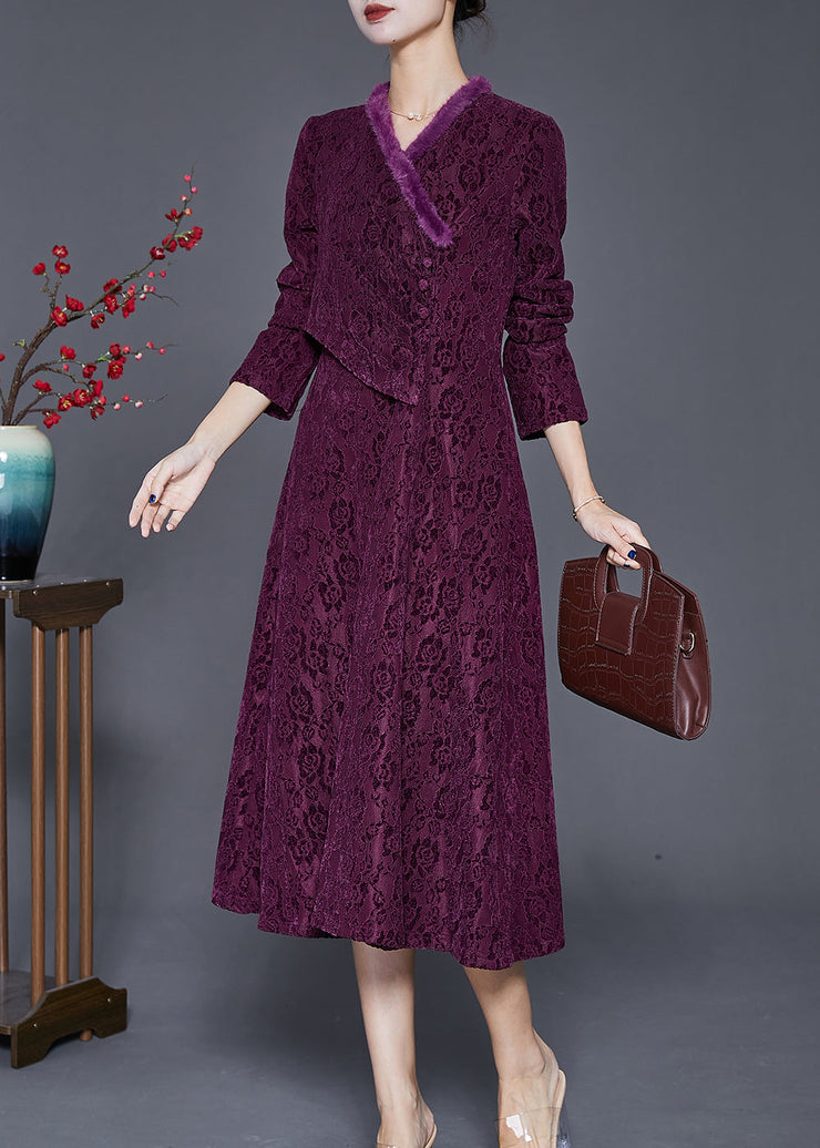 Women Dull Purple Jacquard Slim Fit Warm Fleece Dresses Winter