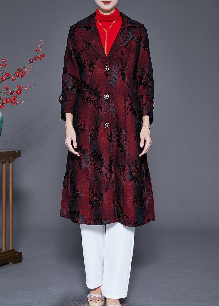 Women Dull Red Lapel Jacquard Trench Coat Fall