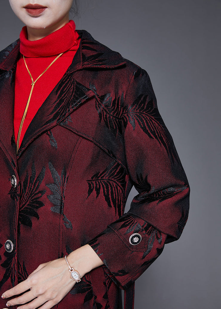 Women Dull Red Lapel Jacquard Trench Coat Fall