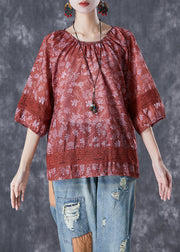 Women Dull Red Print Patchwork Hollow Out Linen Shirt Top Half Sleeve