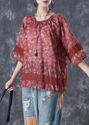 Women Dull Red Print Patchwork Hollow Out Linen Shirt Top Half Sleeve