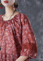 Women Dull Red Print Patchwork Hollow Out Linen Shirt Top Half Sleeve