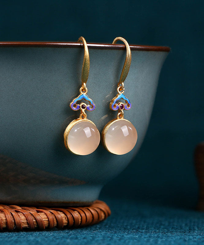 Women Gold Copper Overgild Auspicious Clouds Chalcedony Drop Earrings