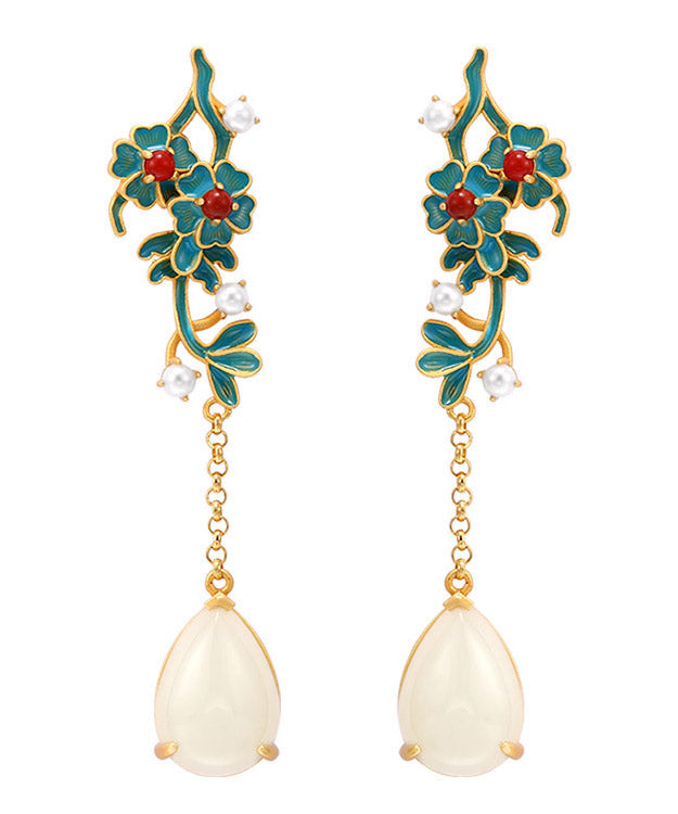 Women Gold Sterling Silver Jade Pearl Agate Floral Tassel Drop Earrings