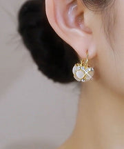 Women Gold Sterling Silver Overgild Cat Eye Stone Flower Basket Hoop Earrings