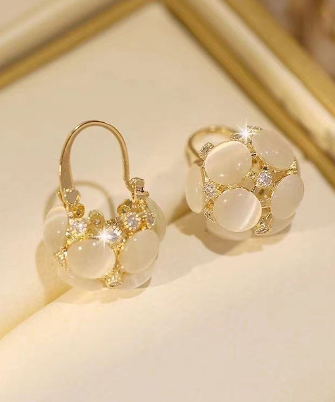 Women Gold Sterling Silver Overgild Cat Eye Stone Flower Basket Hoop Earrings