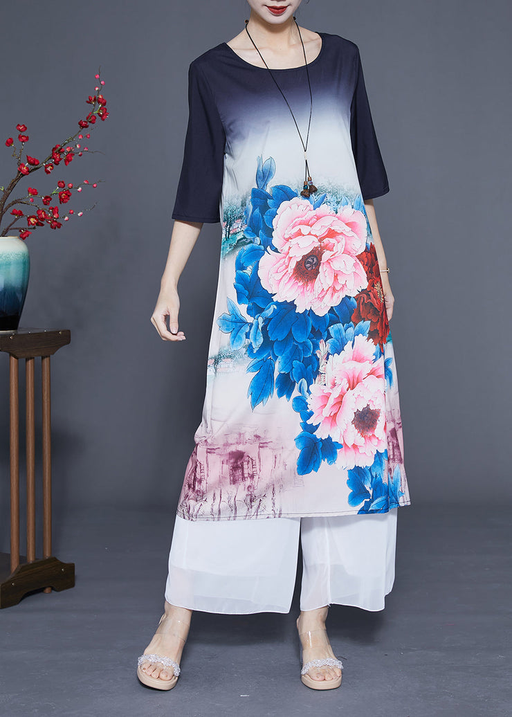 Women Gradient Color O-Neck Floral Print Silk Vacation Dresses Half Sleeve