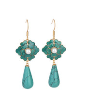 Women Grass Green Floral Gold Plated Turquoise Drop Earrings