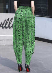 Women Grass Green Pockets Print Chiffon Lantern Pants Summer