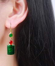 Women Green 14K Gold Dry Green Jade Agate Drop Earrings