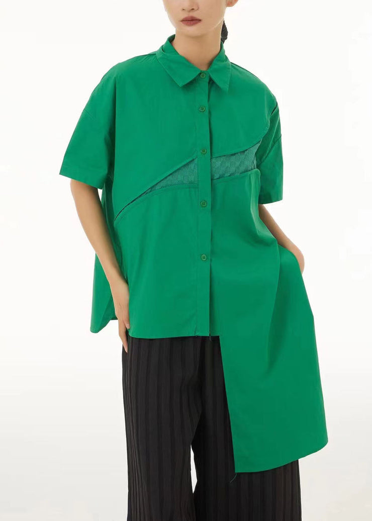 Women Green Asymmetrical Design Cotton Shirt Tops Summer