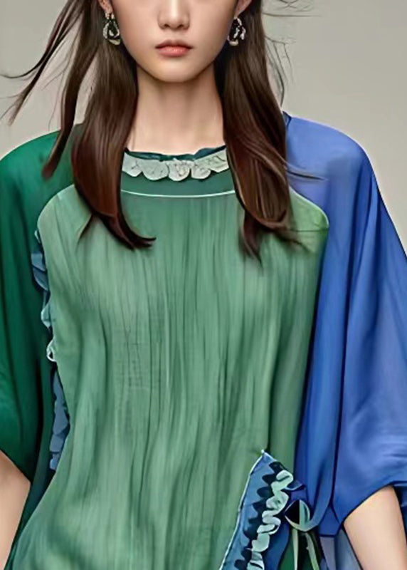 Women Green Asymmetrical Patchwork Shirt Fall