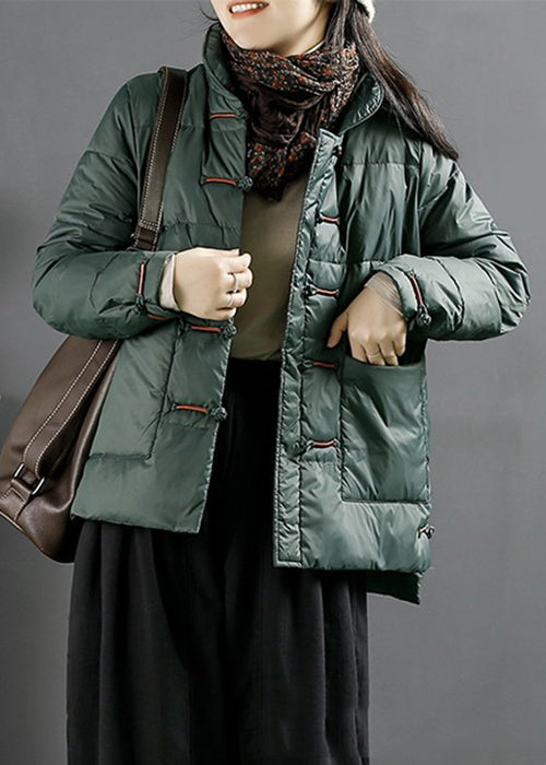 Women Green Button Pockets Duck Down Coats Long Sleeve