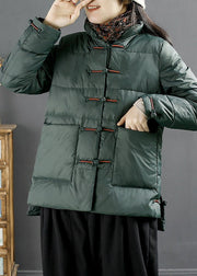 Women Green Button Pockets Duck Down Coats Long Sleeve