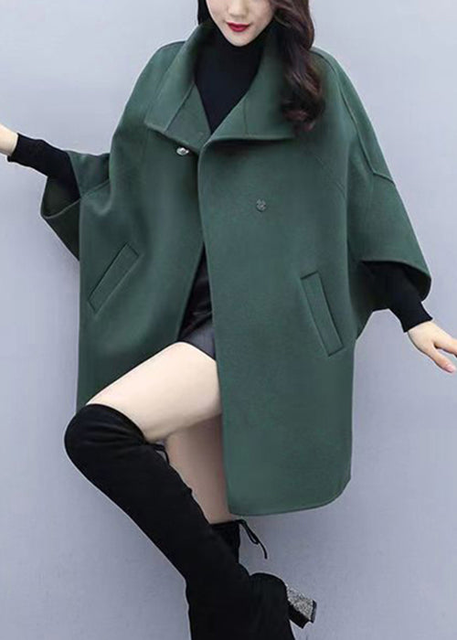 Women Green Button Pockets Patchwork Woolen Coat Fall