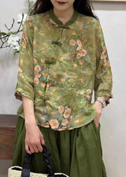 Women Green Chinese Button Print Linen Shirt Bracelet Sleeve