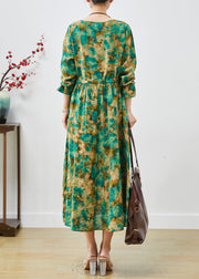 Women Green Cinched Print Cotton Long Dress Spring