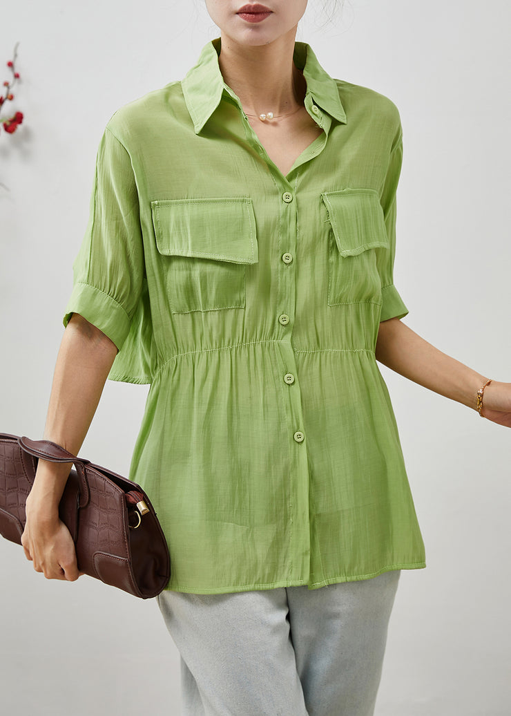 Women Green Cinched Silm Fit Cotton Blouse Top Summer