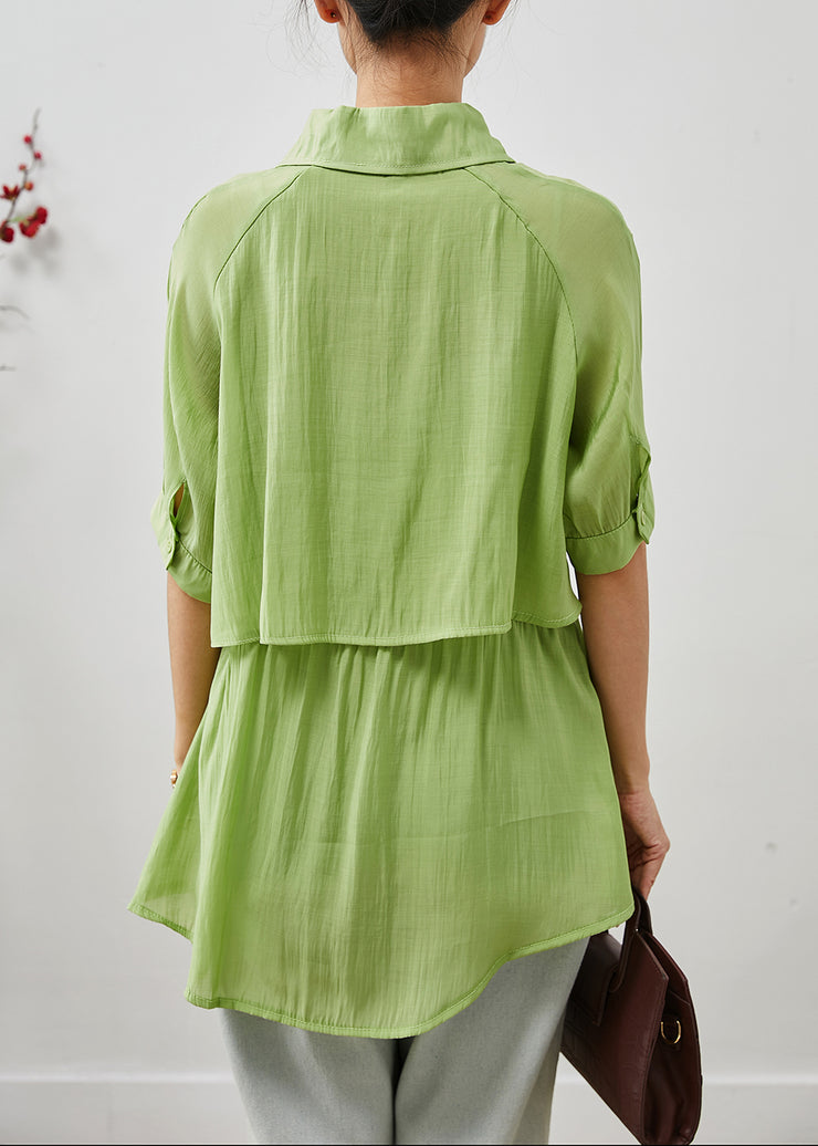 Women Green Cinched Silm Fit Cotton Blouse Top Summer