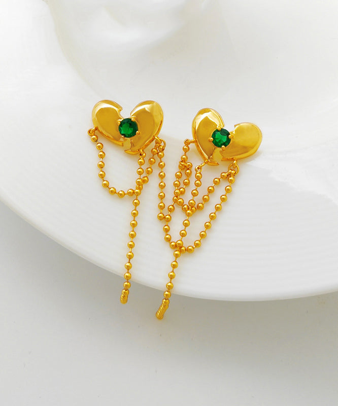 Women Green Copper Gold Plated Heart Zircon Drop Earrings