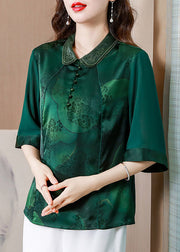 Women Green Double-layer Collar Patchwork Print Silk Top Half Sleeve