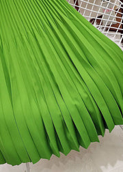 Women Green Elastic Waist Wrinkled Silk Pleated Skirts Spring