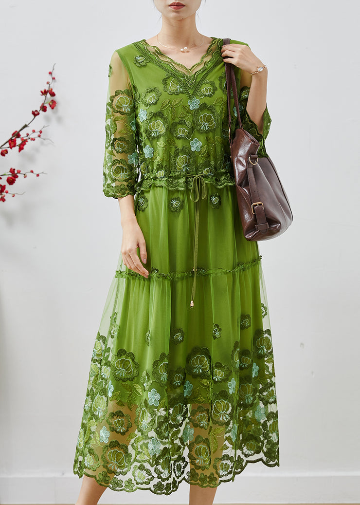 Women Green Embroidered Tulle Cinched Dress Summer