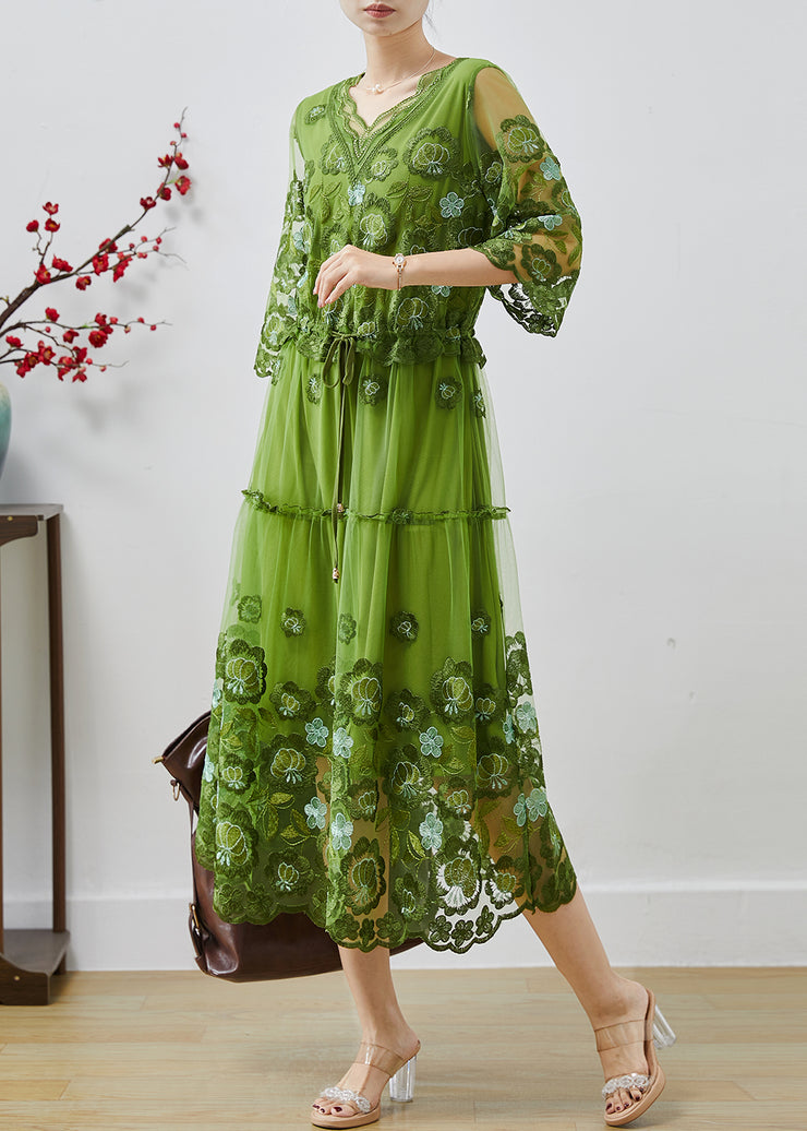 Women Green Embroidered Tulle Cinched Dress Summer