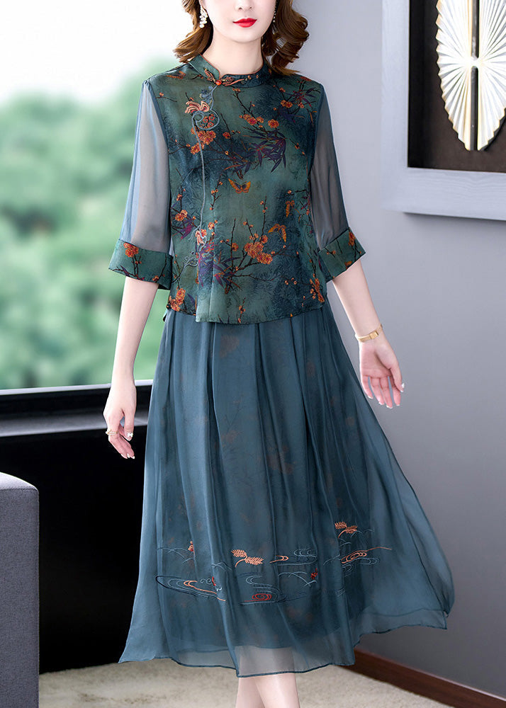 Women Green Embroideried Button Silk Shirts And Maxi Skirts Two Pieces Set Half Sleeve