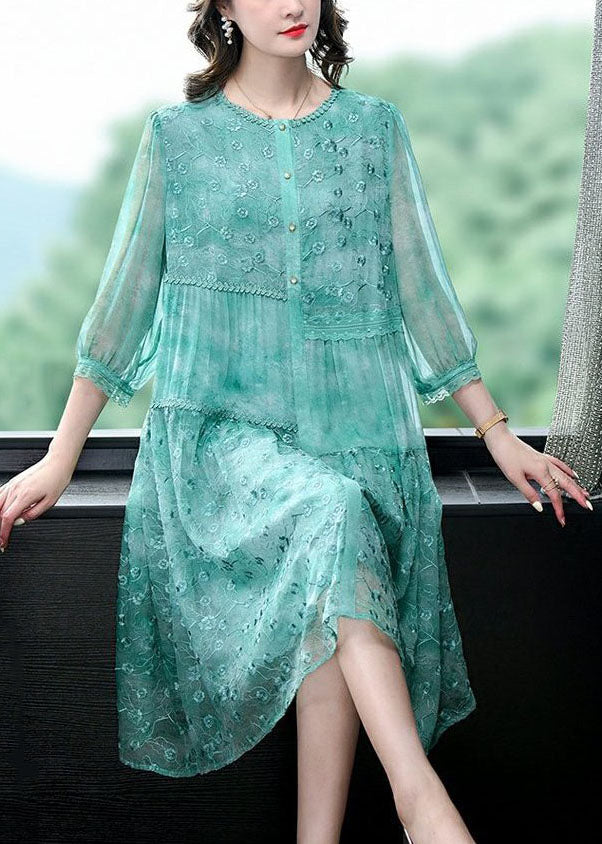 Women Green Embroideried Patchwork Silk Mid Dress Summer