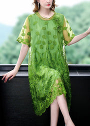 Women Green Embroideried Patchwork Tulle Dresses Short Sleeve