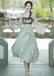 Women Green Embroideried Ruffled Cardigans And Spaghetti Strap Dress Chiffon Two Pieces Set Fall