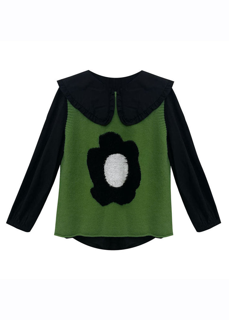 Women Green Floral Cotton Knit Waistcoat Black Shirts And Pleated Skirt Three Pieces Set Long Sleeve