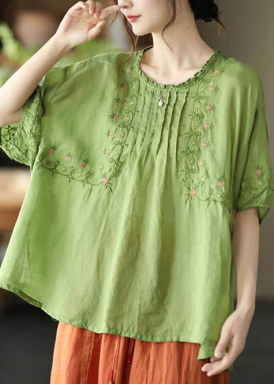 Women Green Floral Draped Ramie O-neck Embroidered Split T-shirt - bagstylebliss