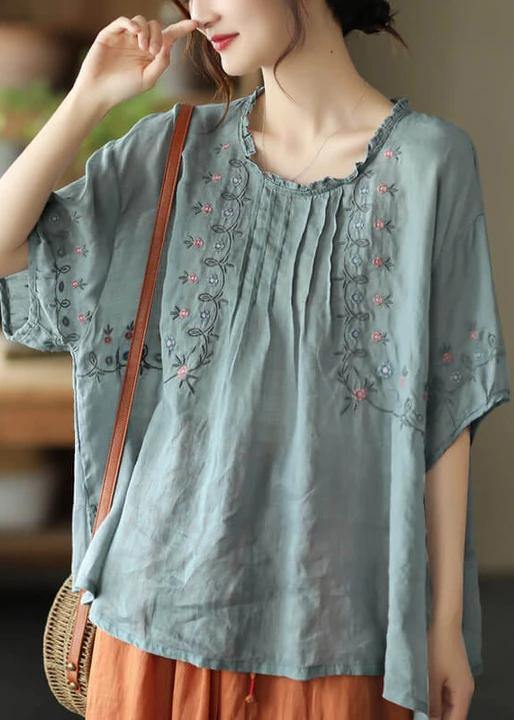 Women Green Floral Draped Ramie O-neck Embroidered Split T-shirt - bagstylebliss