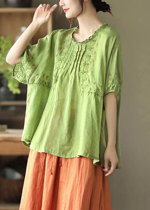 Women Green Floral Draped Ramie O-neck Embroidered Split T-shirt - bagstylebliss