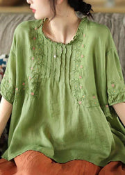 Women Green Floral Draped Ramie O-neck Embroidered Split T-shirt - bagstylebliss