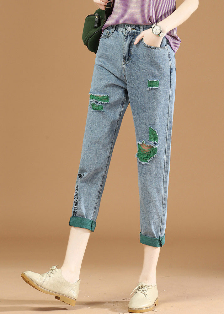 Women Green Graphic Print Patchwork High Waist Denim Crop Pants Summer