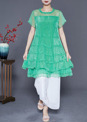 Women Green Hollow Out Patchwork Layered Design Tulle A Line Dress Summer