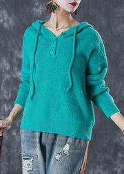 Women Green Hooded Drawstring Knit Sweatshirts Top Fall