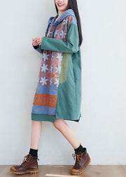 Women Green Hooded Print Cotton Mid Dresses Spring