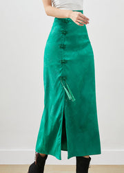 Women Green Jacquard Chinese Button Silk Wraped Skirt Fall