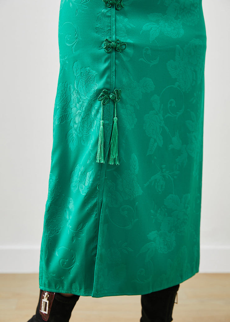 Women Green Jacquard Chinese Button Silk Wraped Skirt Fall